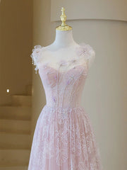 Prom Dress Fairy, Light Pink Round Neckline Lace Long Prom Dress, A-line Pink Floor Length Party Dress
