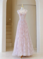Prom Dresses Blue Light, Light Pink Round Neckline Lace Long Prom Dress, A-line Pink Floor Length Party Dress