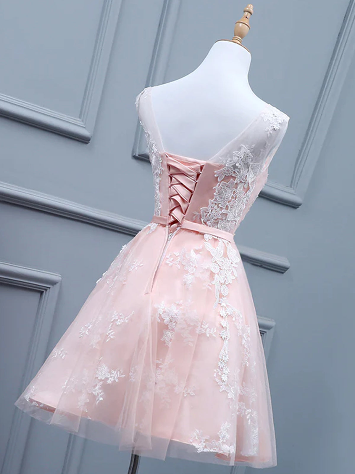 Silk Wedding Dress, Light Pink Short Lace Prom Dresses, Light Pink Short Lace Graduation Homecoming Dresses