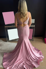 Light Pink Spaghetti Straps Keyhole Long Prom Dress With Beading