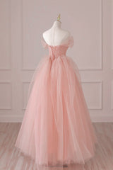 Wedding Color, Light Pink Tulle Off Shoulder Lace and Beaded Prom Dress, Pink Formal Dress