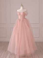 Bridesmaid Dress Purple, Light Pink Tulle Off Shoulder Lace and Beaded Prom Dress, Pink Formal Dress