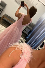 Light Pink V-Neck Backless Tulle Long Prom Dress