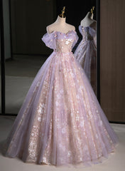 Prom Dresses Pieces, Light Purple A-line Tulle with Floral Long Prom Dress, Light Purple Evening Dress Party Dress