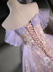 Prom Dress Shorts, Light Purple A-line Tulle with Floral Long Prom Dress, Light Purple Evening Dress Party Dress