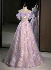 Prom Dress Piece, Light Purple A-line Tulle with Floral Long Prom Dress, Light Purple Evening Dress Party Dress