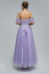 Bridesmaid Dress Navy Blue, Light Purple Lace And Sequins Tulle Off The Shoulder Floor Length Dresses