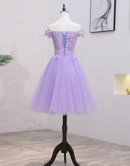 Party Dress Cheap, Light Purple Lace And Tulle Off The Shoulder Homecoming Dress