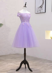 Wedding Photography, Light Purple Lace And Tulle Off The Shoulder Homecoming Dress, Short Party Dress