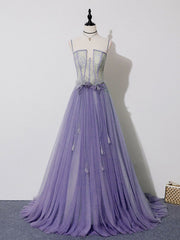 Prom Dresses Aesthetic, Light Purple Lace Top and Tulle A-line Straps Evening Dress Formal Dress, Purple Prom Dress