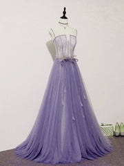 Prom Dress Aesthetic, Light Purple Lace Top and Tulle A-line Straps Evening Dress Formal Dress, Purple Prom Dress