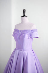 Maxi Dress Outfit, Light Purple Satin Short Party Dress with Lace, Cute Short Homecoming Dress