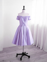 Short Dress Style, Light Purple Satin Short Party Dress with Lace, Cute Short Homecoming Dress