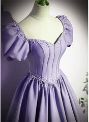 Dream Wedding, Light Purple Satin Short Sleeves Beaded Party Dress, A-line Long Prom Dress