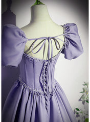Bridesmaids Dress Modest, Light Purple Satin Short Sleeves Beaded Party Dress, A-line Long Prom Dress