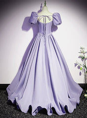 Bridesmaid Dress Modest, Light Purple Satin Short Sleeves Beaded Party Dress, A-line Long Prom Dress