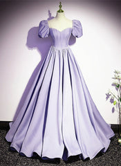 Rustic Wedding, Light Purple Satin Short Sleeves Beaded Party Dress, A-line Long Prom Dress