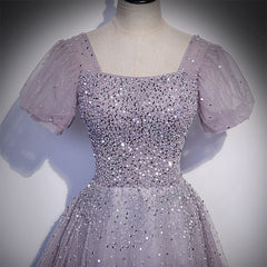 Long Formal Dress, Light Purple Sequins Short Sleeves Party Dress, Purple Formal Dresses
