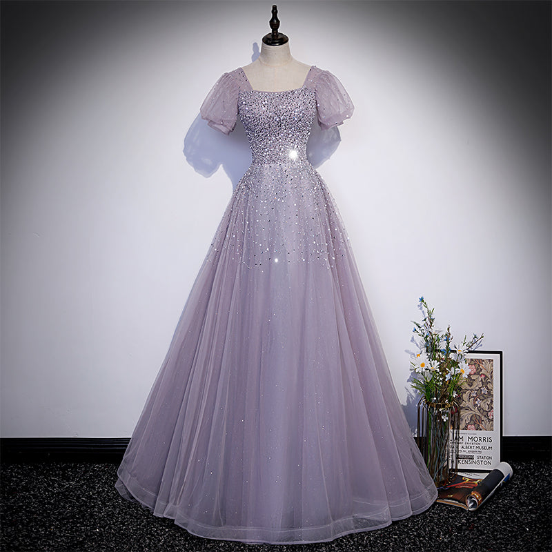 Prom Dress Sleeve, Light Purple Sequins Short Sleeves Party Dress, Purple Formal Dresses