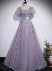 Long Dress Outfit, Light Purple Sequins Short Sleeves Party Dress, Purple Formal Dresses