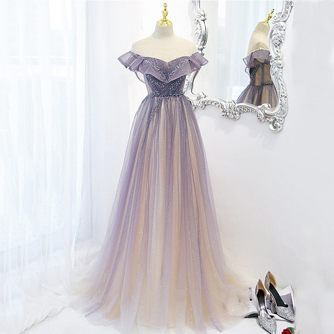 Party Dress Nye, Light Purple Shiny Tulle Gradient A-line Sweetheart Prom Dress, Long Tulle Formal Dress