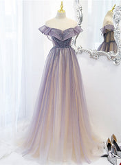 Party Dress Over 40, Light Purple Shiny Tulle Gradient A-line Sweetheart Prom Dress, Long Tulle Formal Dress