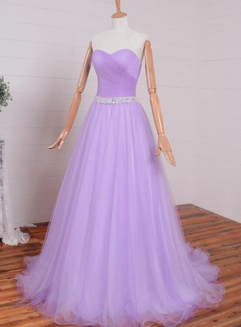 Bridesmaid Dresses Idea, Light Purple Sweetheart Simple Beaded Waist Long Party Dress, Tulle Evening Gown Prom Dress