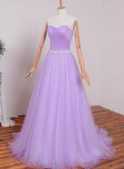 Bridesmaides Dress Ideas, Light Purple Sweetheart Simple Beaded Waist Long Party Dress, Tulle Evening Gown Prom Dress