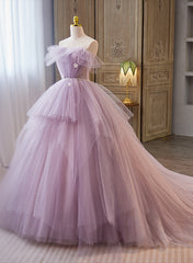 Prom Dresses 2023 Fashion Outfits, Light Purple Tulle Ball Gown Long Sweet 16 Dress, Off Shoulder Light Purple Formal Dress