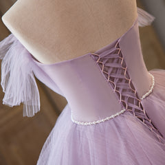 Prom Dress Cute, Light Purple Tulle Ball Gown Long Sweet 16 Dress, Off Shoulder Light Purple Formal Dress
