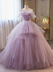 Prom Dress Uk, Light Purple Tulle Ball Gown Long Sweet 16 Dress, Off Shoulder Light Purple Formal Dress