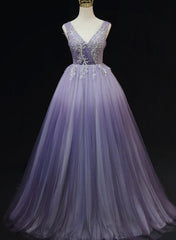 Dinner Outfit, Light Purple Tulle Gradient Lace Applique Formal Dress, Long Prom Dress