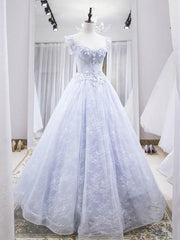 Champagne Prom Dress, Light purple tulle lace long prom dress, blue evening dress