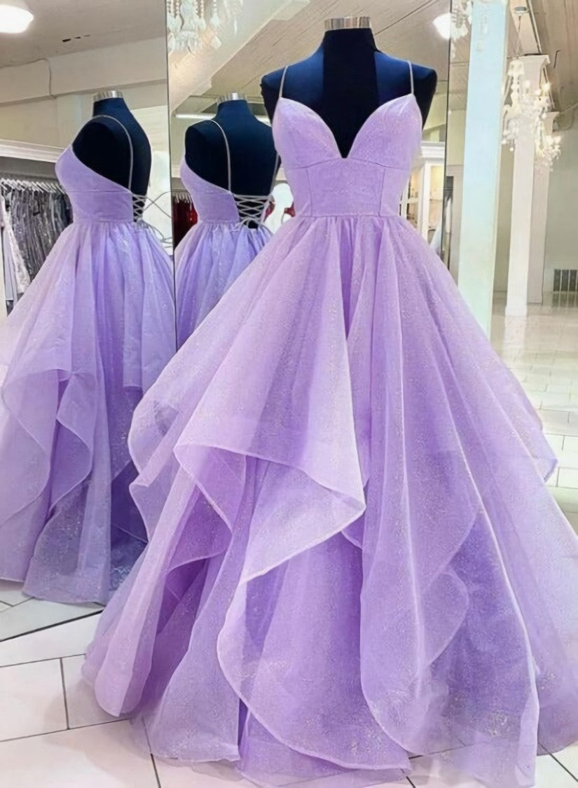 Party Dress Long Sleeve Mini, Light Purple Tulle Lace-up Layers Long Evening Gown, Shiny Tulle Junior Prom Dresses
