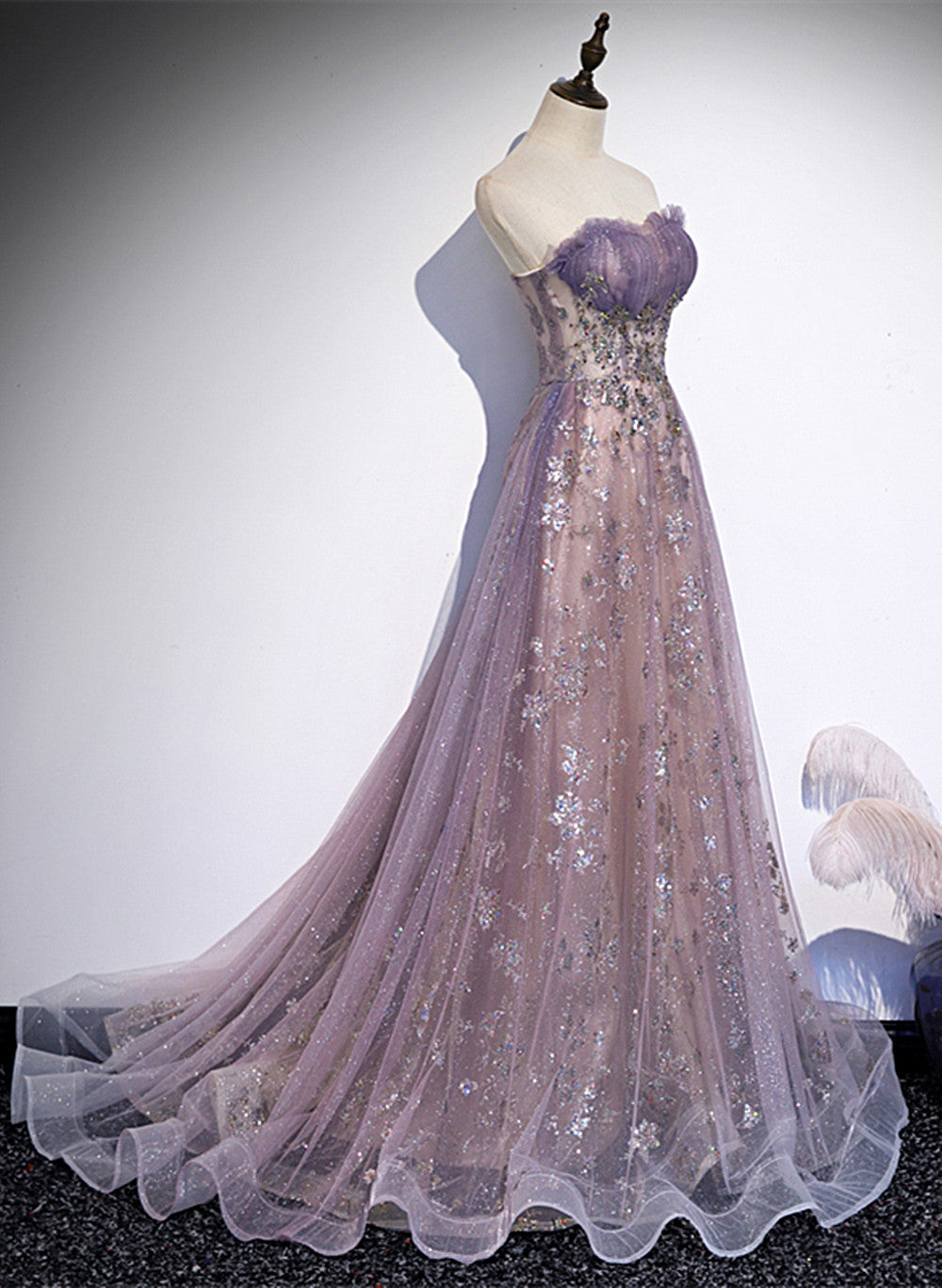 Bridesmaid Dress Color Scheme, Light Purple Tulle with Lace A-line Floor Length Party Dress, Light Purple Evening Dress