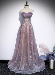 Bridesmaid Dresses Color Scheme, Light Purple Tulle with Lace A-line Floor Length Party Dress, Light Purple Evening Dress