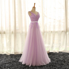 Bridesmaid Dresses Orange, Light Purple V-neckline Long Formal Dress, Tulle Lace Applique Bridesmaid Dress