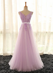 Bridesmaid Dress Fall Colors, Light Purple V-neckline Long Formal Dress, Tulle Lace Applique Bridesmaid Dress