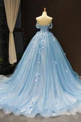 Prom Dresses Navy, Light Sky Blue Off the Shoulder Ball Gown Tulle Prom Dress with Applique