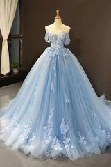 Prom Dress With Sleeve, Light Sky Blue Off the Shoulder Ball Gown Tulle Prom Dress with Applique