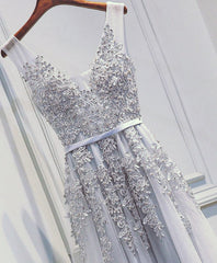 Wedding Dresses Gown, Light Sliver Grey Lace Applique V-neckline Long Party Dress, Light Grey Wedding Party Dress