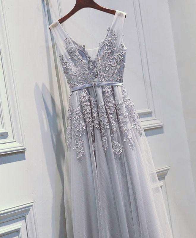 Wedding Dressing Gowns, Light Sliver Grey Lace Applique V-neckline Long Party Dress, Light Grey Wedding Party Dress