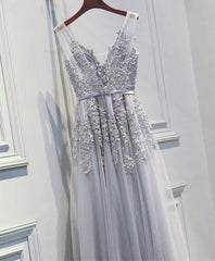 Wedding Dressing Gowns, Light Sliver Grey Lace Applique V-neckline Long Party Dress, Light Grey Wedding Party Dress