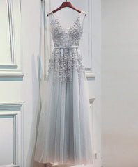 Wedding Dressing Gown, Light Sliver Grey Lace Applique V-neckline Long Party Dress, Light Grey Wedding Party Dress