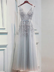 Wedding Dresse Unique, Light Sliver Grey Lace Applique V-neckline Long Party Dress, Light Grey Wedding Party Dress