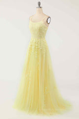 Cocktail Dress, Light Yellow A-line Scoop Neckline Embroidered Tulle Long Prom Dress