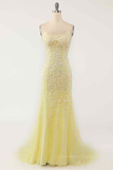Bridesmaid Dress 2052, Light Yellow Light Blue Mermaid Scoop Neckline Applique Lace-Up Back Long Prom Gown