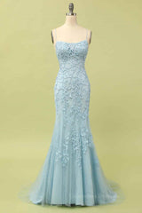 Bridesmaid Dresses Different Styles, Light Yellow Light Blue Mermaid Scoop Neckline Applique Lace-Up Back Long Prom Gown