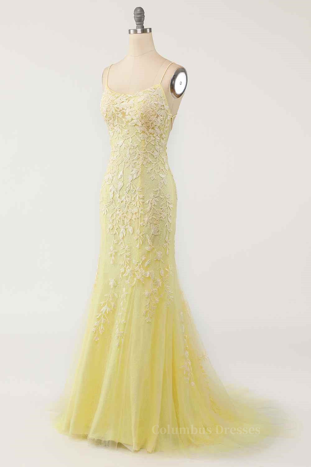 Bridesmaid Dresses Under 130, Light Yellow Light Blue Mermaid Scoop Neckline Applique Lace-Up Back Long Prom Gown
