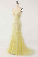 Bridesmaid Dresses Under 130, Light Yellow Light Blue Mermaid Scoop Neckline Applique Lace-Up Back Long Prom Gown